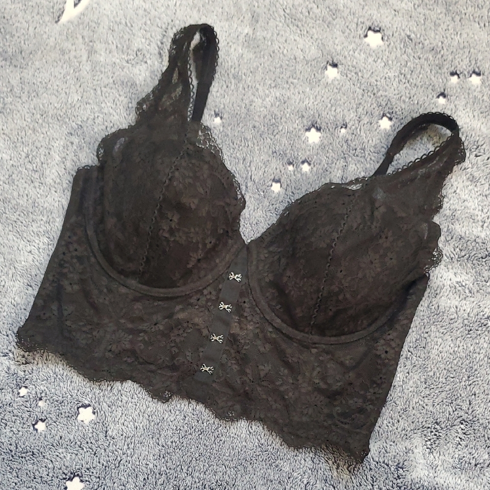 Victorias Secret Black Lace Longline Dream Angels Bralette Romantic Goth Vamp